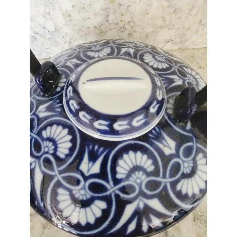 Bombay Arabesque Tile Teapot Blue White Ceramic Vintage 90s Tea Pot with Infuser